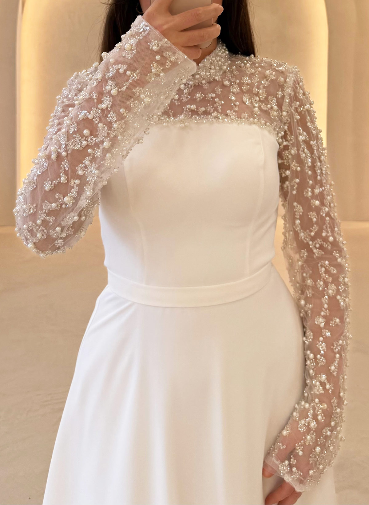 A-Line High Neck Long Sleeves Floor-Length Crepe Satin Evening Dresses With Beading