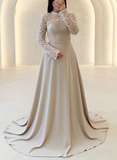 A-Line High Neck Long Sleeves Floor-Length Elastic Satin Evening Dresses With Beading