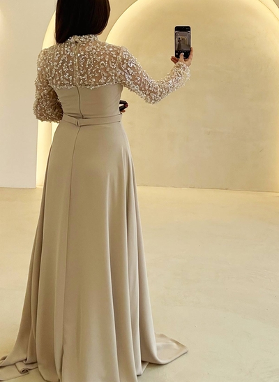 A-Line High Neck Long Sleeves Floor-Length Elastic Satin Evening Dresses With Beading