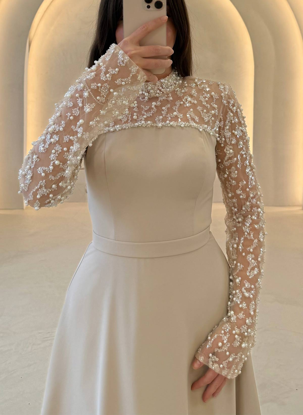 A-Line High Neck Long Sleeves Floor-Length Elastic Satin Evening Dresses With Beading