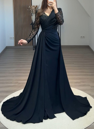 Sheath/Column Asymmetrical Long Sleeves Detachable Crepe Satin Evening Dresses With Sequins