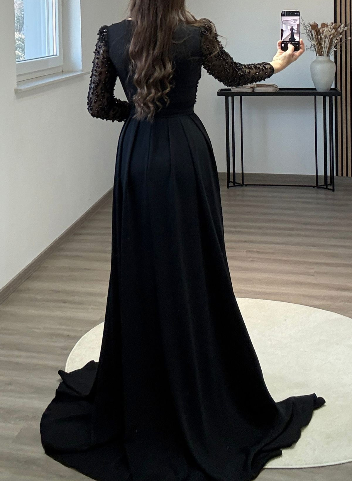 Sheath/Column Asymmetrical Long Sleeves Detachable Crepe Satin Evening Dresses With Sequins