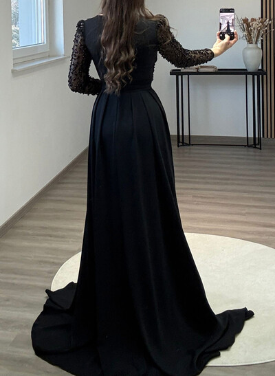 Sheath/Column Asymmetrical Long Sleeves Detachable Crepe Satin Evening Dresses With Sequins