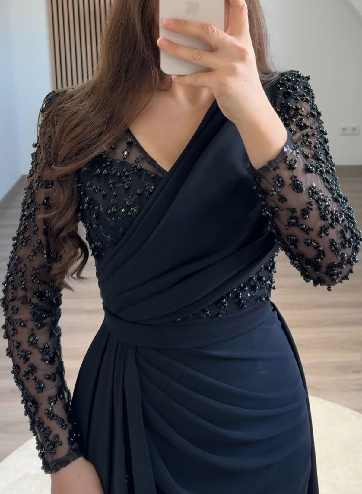 Sheath/Column Asymmetrical Long Sleeves Detachable Crepe Satin Evening Dresses With Sequins