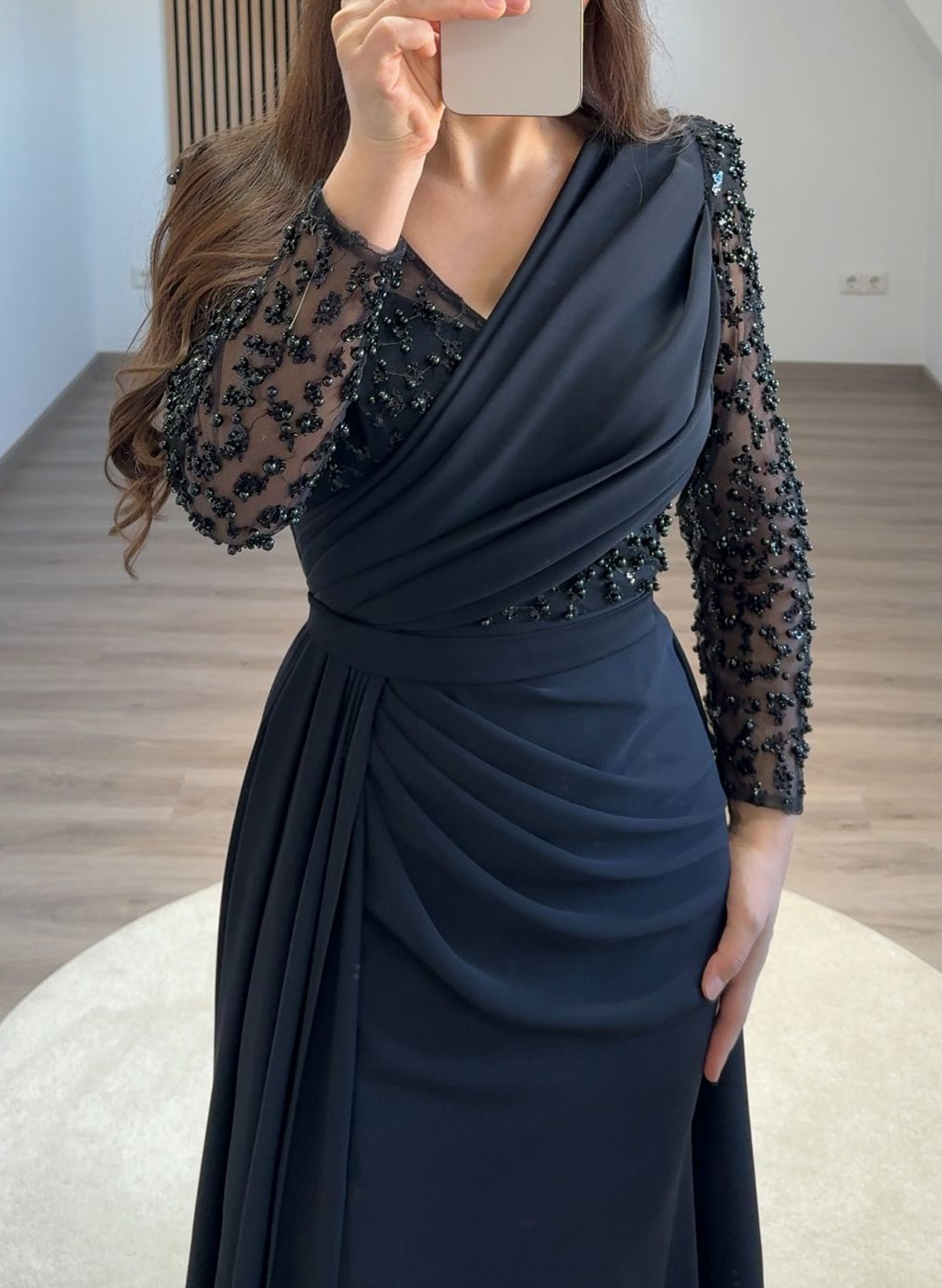 Sheath/Column Asymmetrical Long Sleeves Detachable Crepe Satin Evening Dresses With Sequins