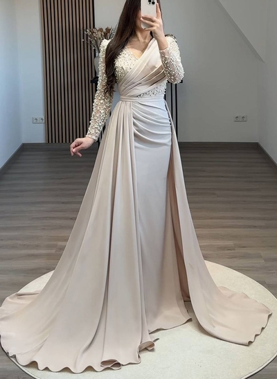 Sheath/Column Asymmetrical Long Sleeves Detachable Elastic Satin Evening Dresses With Sequins