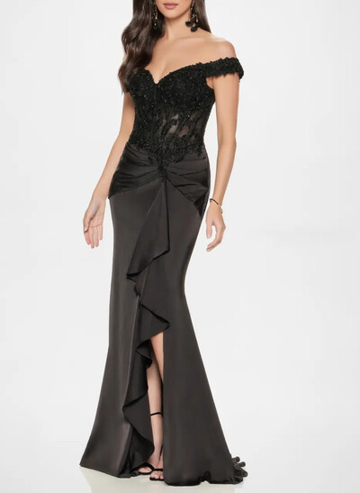Elegant Off-The-Shoulder Illusion Corset Ruffle Split Front Sweep Train Crepe Satin Evening Dresses