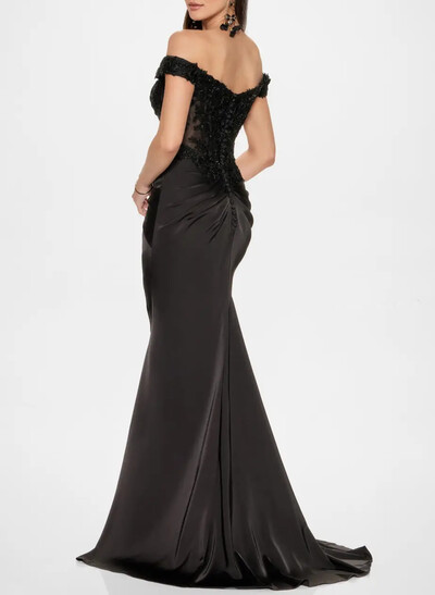 Elegant Off-The-Shoulder Illusion Corset Ruffle Split Front Sweep Train Crepe Satin Evening Dresses
