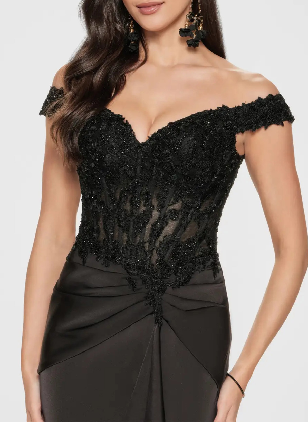 Elegant Off-The-Shoulder Illusion Corset Ruffle Split Front Sweep Train Crepe Satin Evening Dresses