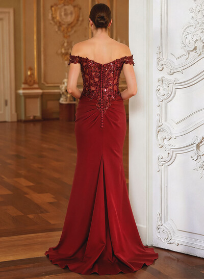 Elegant Off-The-Shoulder Illusion Corset Ruffle Split Front Sweep Train Crepe Satin Evening Dresses