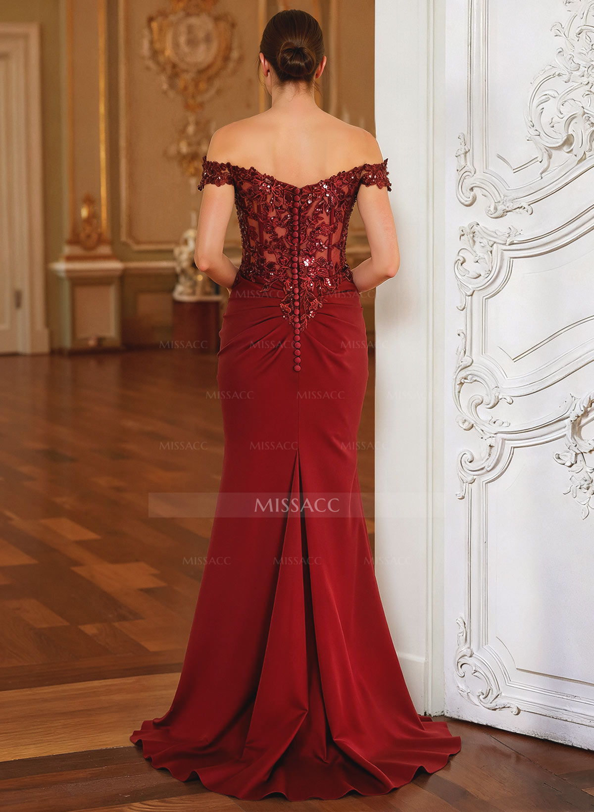 Elegant Off-The-Shoulder Illusion Corset Ruffle Split Front Sweep Train Crepe Satin Evening Dresses