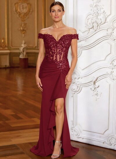 Elegant Off-The-Shoulder Illusion Corset Ruffle Split Front Sweep Train Crepe Satin Evening Dresses
