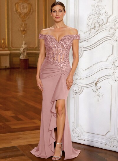 Elegant Off-The-Shoulder Illusion Corset Ruffle Split Front Sweep Train Crepe Satin Evening Dresses