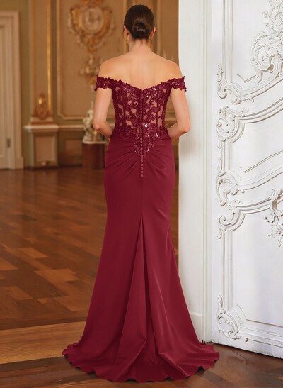 Elegant Off-The-Shoulder Illusion Corset Ruffle Split Front Sweep Train Crepe Satin Evening Dresses