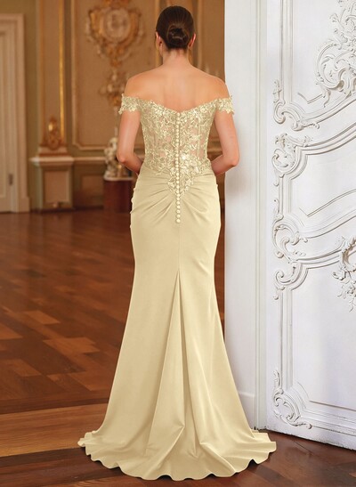 Elegant Off-The-Shoulder Illusion Corset Ruffle Split Front Sweep Train Crepe Satin Evening Dresses
