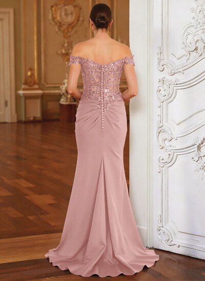 Elegant Off-The-Shoulder Illusion Corset Ruffle Split Front Sweep Train Crepe Satin Evening Dresses