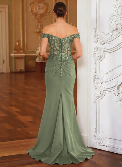 Elegant Off-The-Shoulder Illusion Corset Ruffle Split Front Sweep Train Crepe Satin Evening Dresses