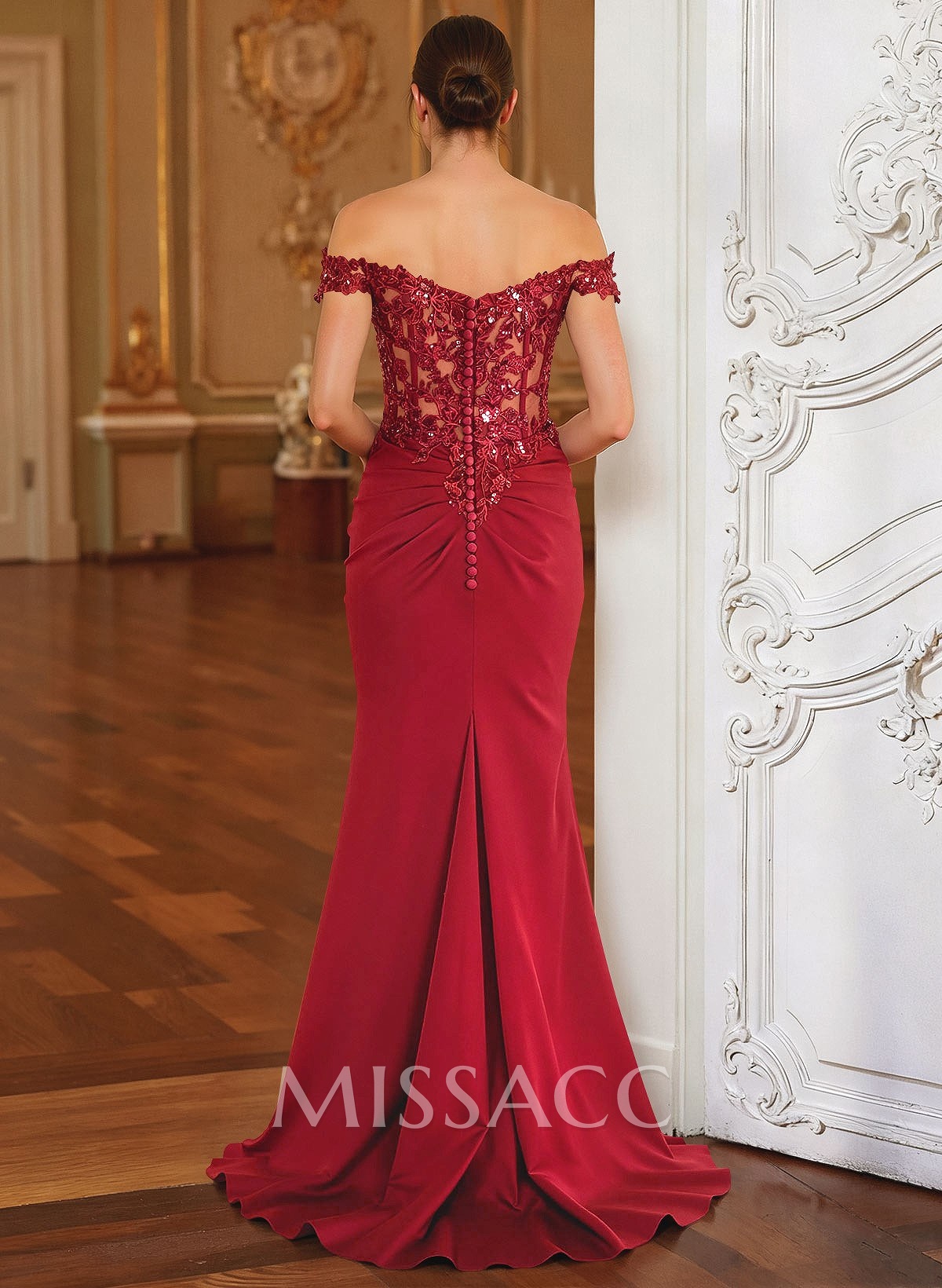 Elegant Off-The-Shoulder Illusion Corset Ruffle Split Front Sweep Train Crepe Satin Evening Dresses