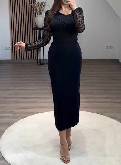 Elegant Asymmetrical Beading Long Sleeves Ankle-Length Crepe Satin Evening Dresses