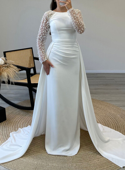 Elegant Scoop Neck Beading Long Sleeves Sweep Train Crepe Satin Evening Dresses