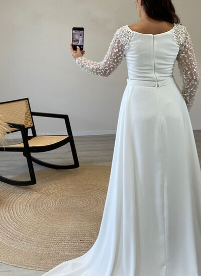 Elegant Scoop Neck Beading Long Sleeves Sweep Train Crepe Satin Evening Dresses