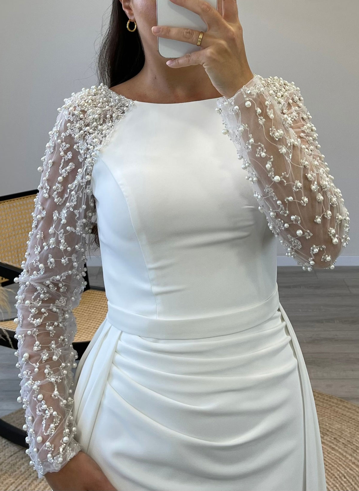 Elegant Scoop Neck Beading Long Sleeves Sweep Train Crepe Satin Evening Dresses