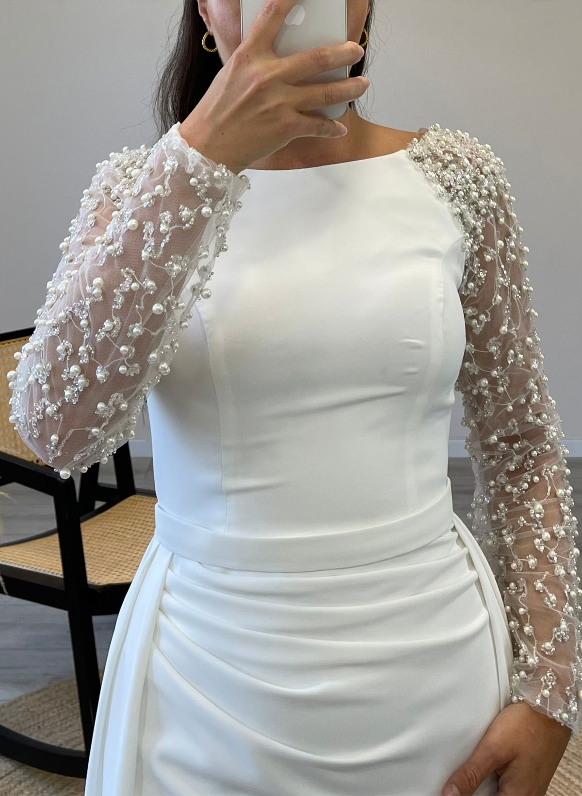 Elegant Scoop Neck Beading Long Sleeves Sweep Train Crepe Satin Evening Dresses
