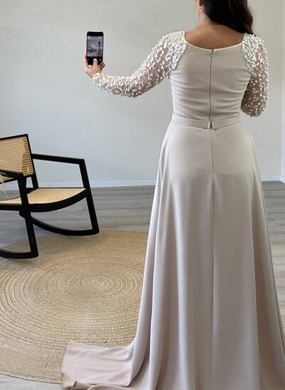 Elegant Scoop Neck Beading Long Sleeves Sweep Train Elastic Satin Evening Dresses