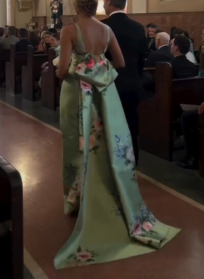 Elegant Plunge Neck Back Slit Bow(s) Sweep Train Flower(s) Satin Evening Dresses