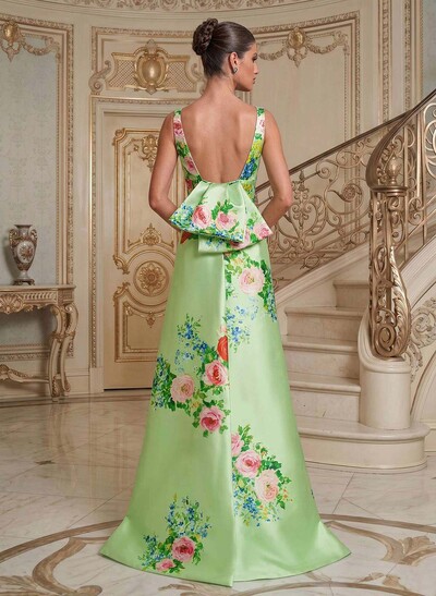 Sheath/Column Plunge Neck Sweep Train Satin Mother Of The Bride Dresses With Bow(s)/Back Slit/Floral-Print