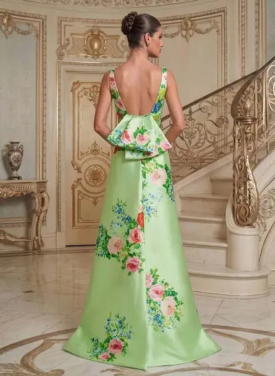 Sheath/Column Plunge Neck Sweep Train Satin Evening Dresses With Bow(s)/Back Slit/Floral-Print