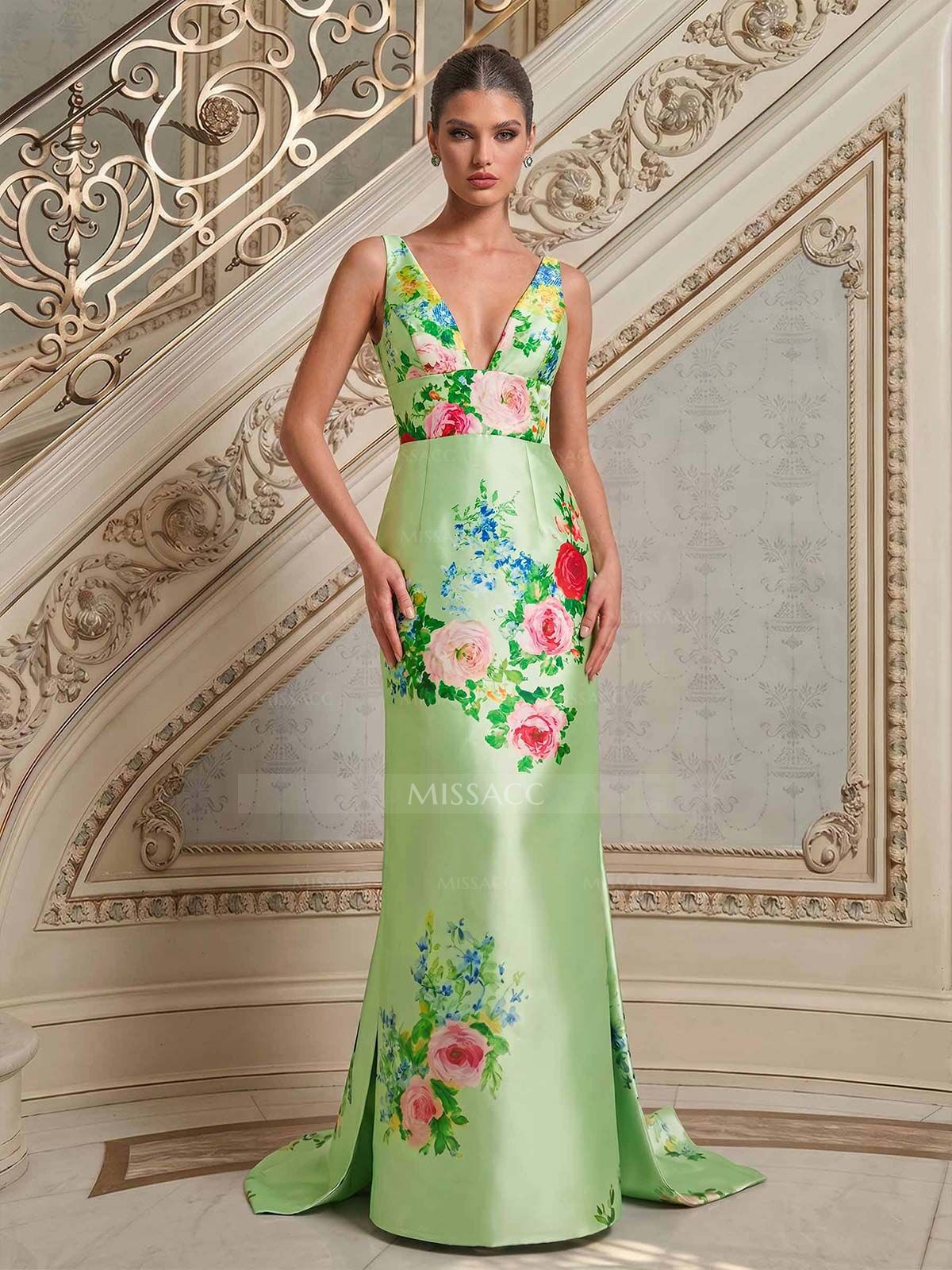 Elegant Plunge Neck Back Slit Bow(s) Sweep Train Flower(s) Satin Evening Dresses