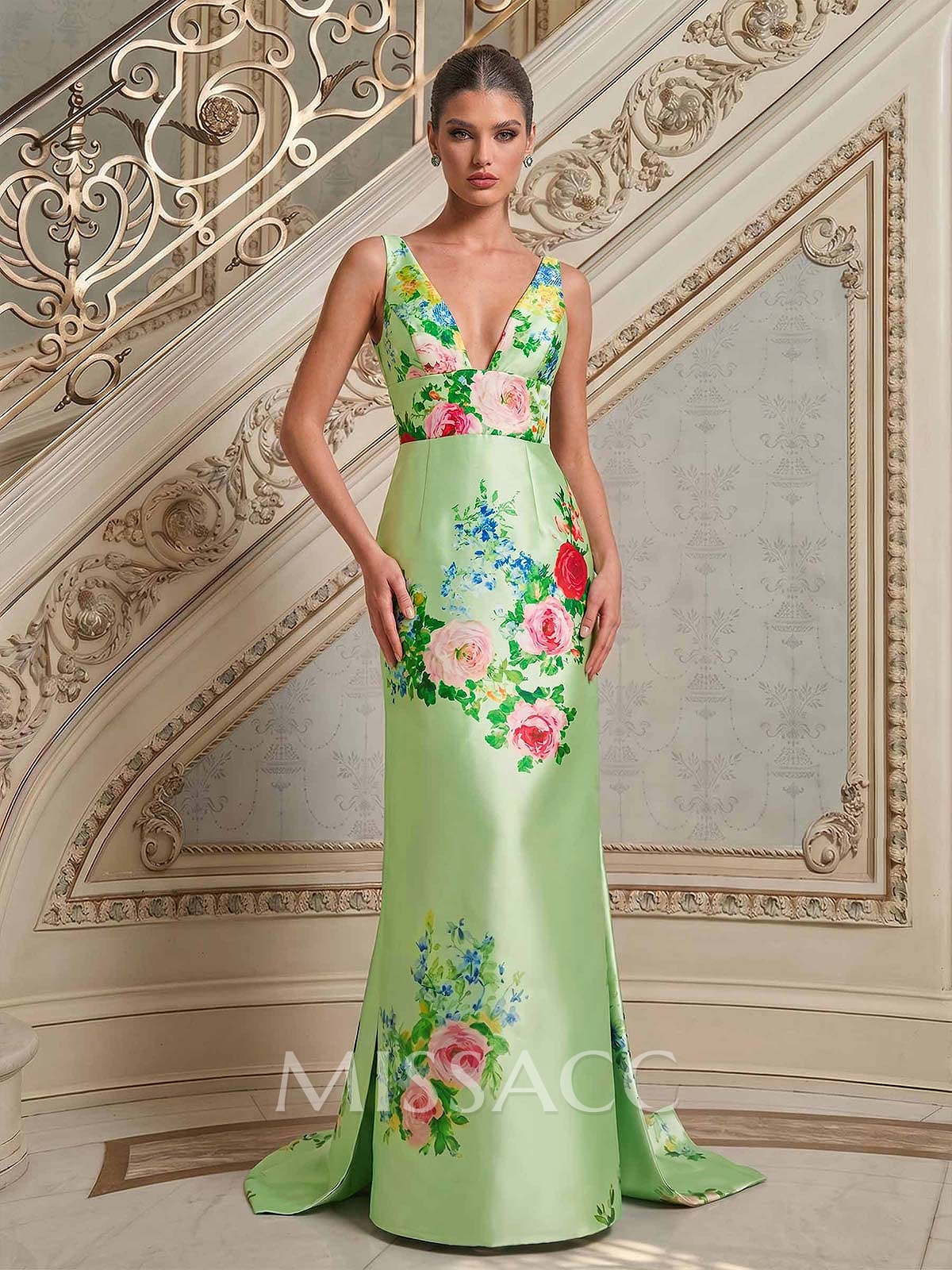 Sheath/Column Plunge Neck Sweep Train Satin Evening Dresses With Bow(s)/Back Slit/Floral-Print Sheath/Column Plunge Neck Sweep Train Satin Evening Dresses With Bow(s)/Back Slit/Floral-Print