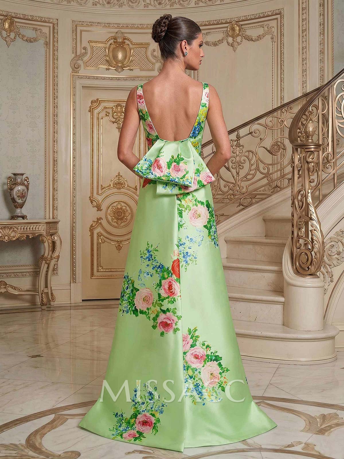 Sheath/Column Plunge Neck Sweep Train Satin Evening Dresses With Bow(s)/Back Slit/Floral-Print Sheath/Column Plunge Neck Sweep Train Satin Evening Dresses With Bow(s)/Back Slit/Floral-Print