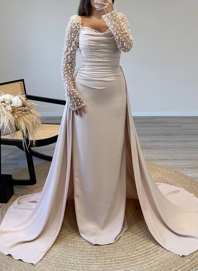 Elegant Cowl Neck Lace Long Sleeves Overskirt Sweep Train Elastic Satin Evening Dresses