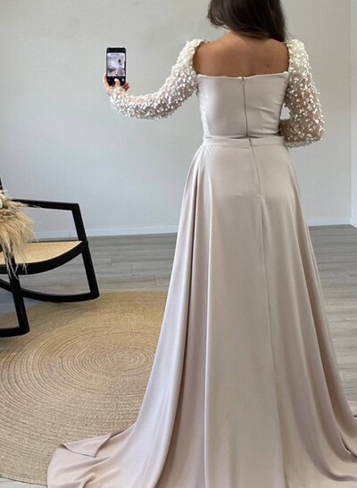 Elegant Cowl Neck Lace Long Sleeves Overskirt Sweep Train Elastic Satin Evening Dresses