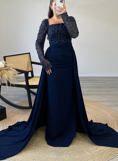 Elegant Lace Square Neckline Long Sleeves Overskirt Sweep Train Elastic Satin Evening Dresses With Beading