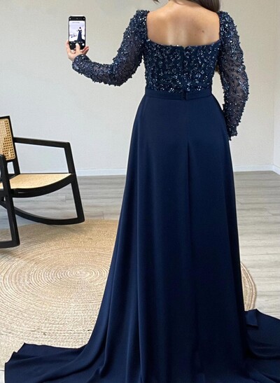 Elegant Lace Square Neckline Long Sleeves Overskirt Sweep Train Elastic Satin Evening Dresses With Beading