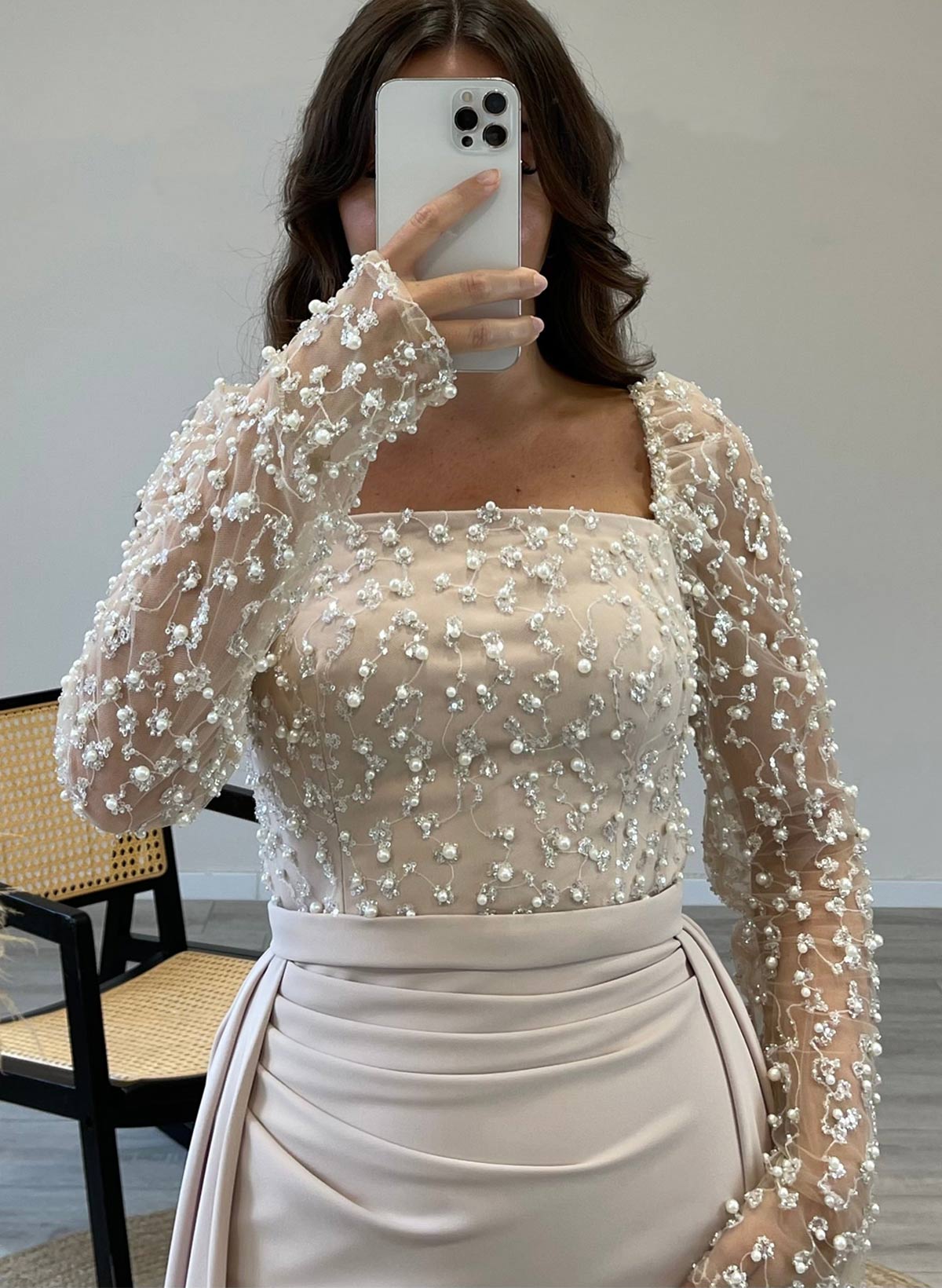 Elegant Lace Square Neckline Long Sleeves Overskirt Sweep Train Elastic Satin Evening Dresses With Beading