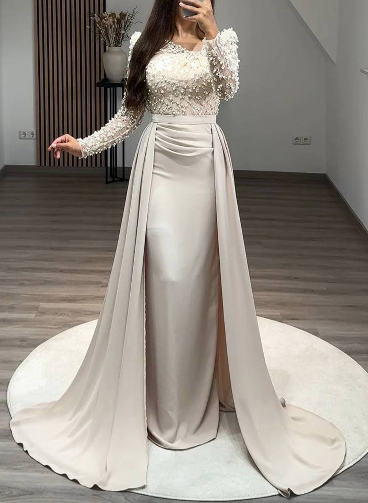 Lace Asymmetrical Neckline Beading Long Sleeves Overskirt Sweep Train Elastic Satin Evening Dresses