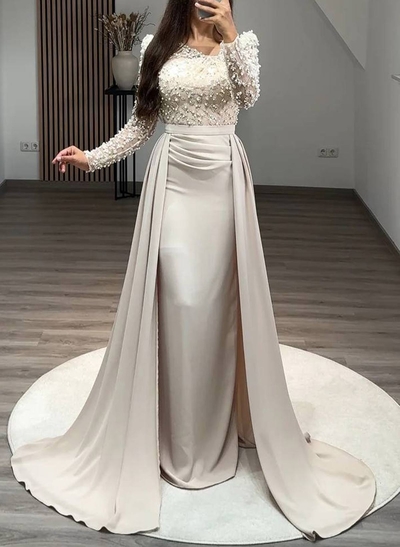 Lace Asymmetrical Neckline Beading Long Sleeves Overskirt Sweep Train Elastic Satin Evening Dresses