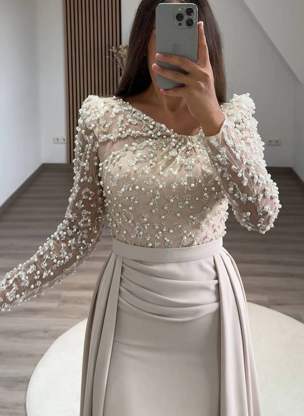 Lace Asymmetrical Neckline Beading Long Sleeves Overskirt Sweep Train Elastic Satin Evening Dresses