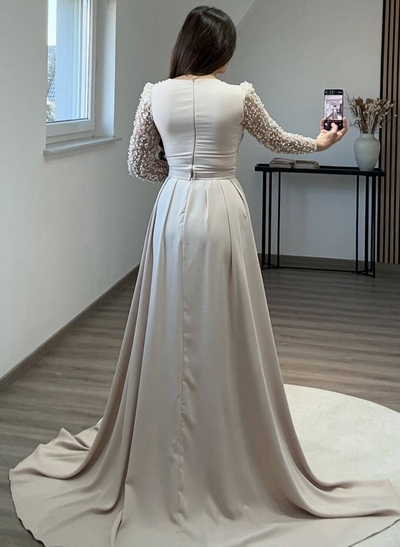 Lace Asymmetrical Neckline Beading Long Sleeves Overskirt Sweep Train Elastic Satin Evening Dresses
