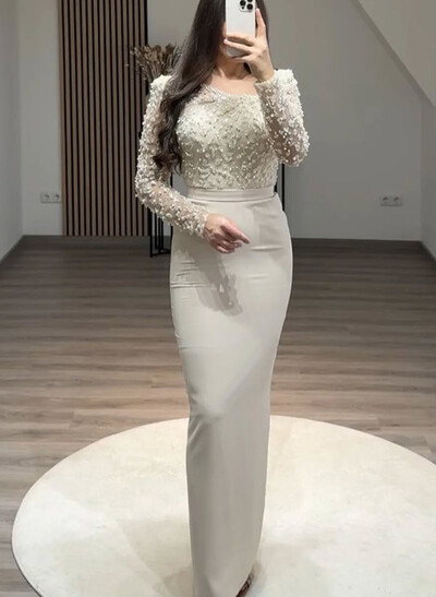 Elegant Asymmetrical Neckline Beading Long Sleeves Floor-Length Elastic Satin Evening Dresses