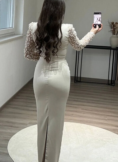 Elegant Asymmetrical Neckline Beading Long Sleeves Floor-Length Elastic Satin Evening Dresses
