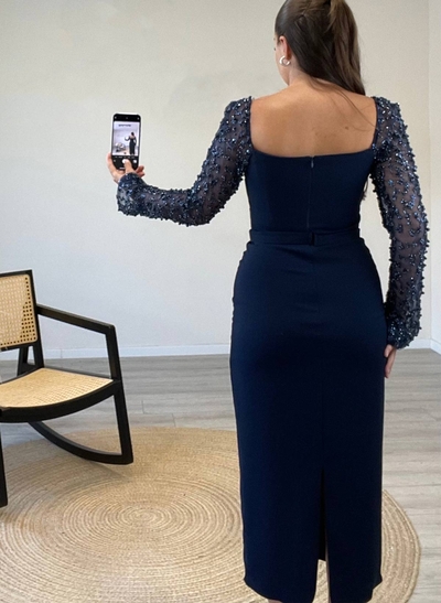 Square Neckline Beading Long Sleeves Tea-Length Elastic Satin Evening Dresses