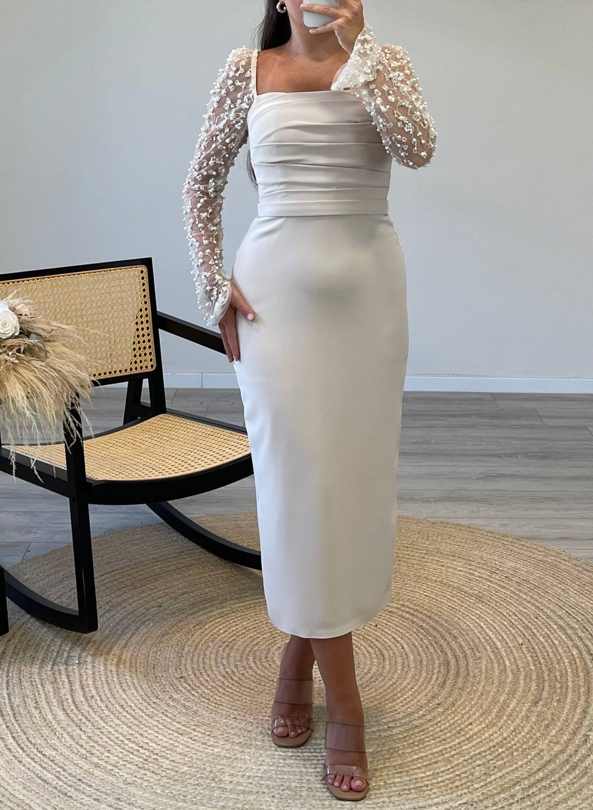 Square Neckline Beading Long Sleeves Tea-Length Elastic Satin Evening Dresses