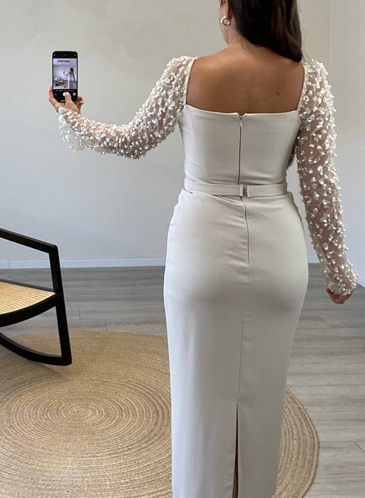 Square Neckline Beading Long Sleeves Tea-Length Elastic Satin Evening Dresses