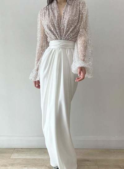 Elegant V-Neck Long Sleeves Floor-Length Sequined Evening Dresses