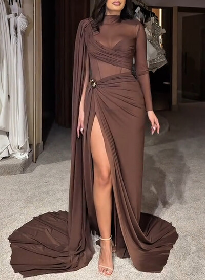 High Neck Illusion Corset Long Sleeves/Cape Sleeves Sweep Train Evening Dresses With High Split